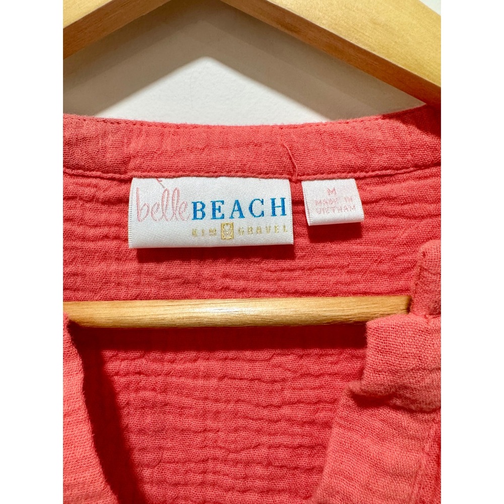 Belle Beach Kim Gravel Coral Pink Cotton Gauze Crochet Trim Blouse Top Medium - Picture 3 of 5